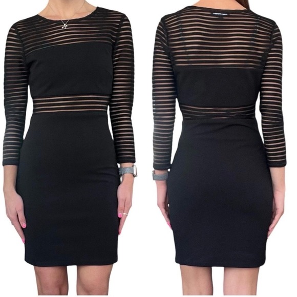 Lu Lu's Dresses & Skirts - Black Mesh Sleeve Ponte Knit Bodycon Dress Sz S 3/4 Sleeve Minimalist Y2K Chic